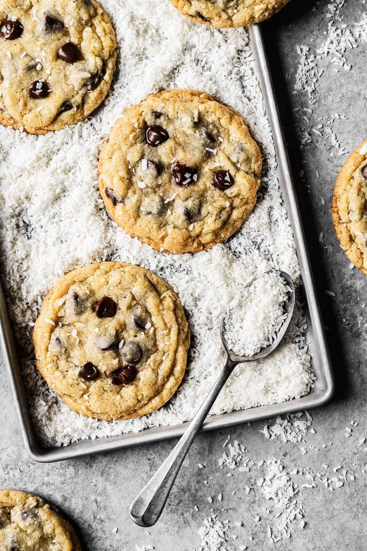 Coconut chocolate chip cookies surrounded by shredded coconut.