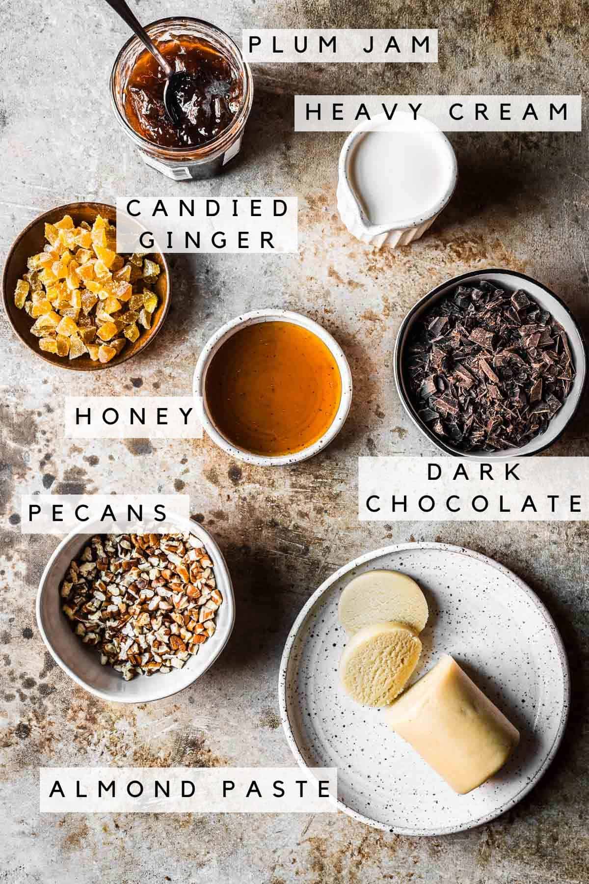 Ingredients in containers for piernik fillings, glaze and toppings.