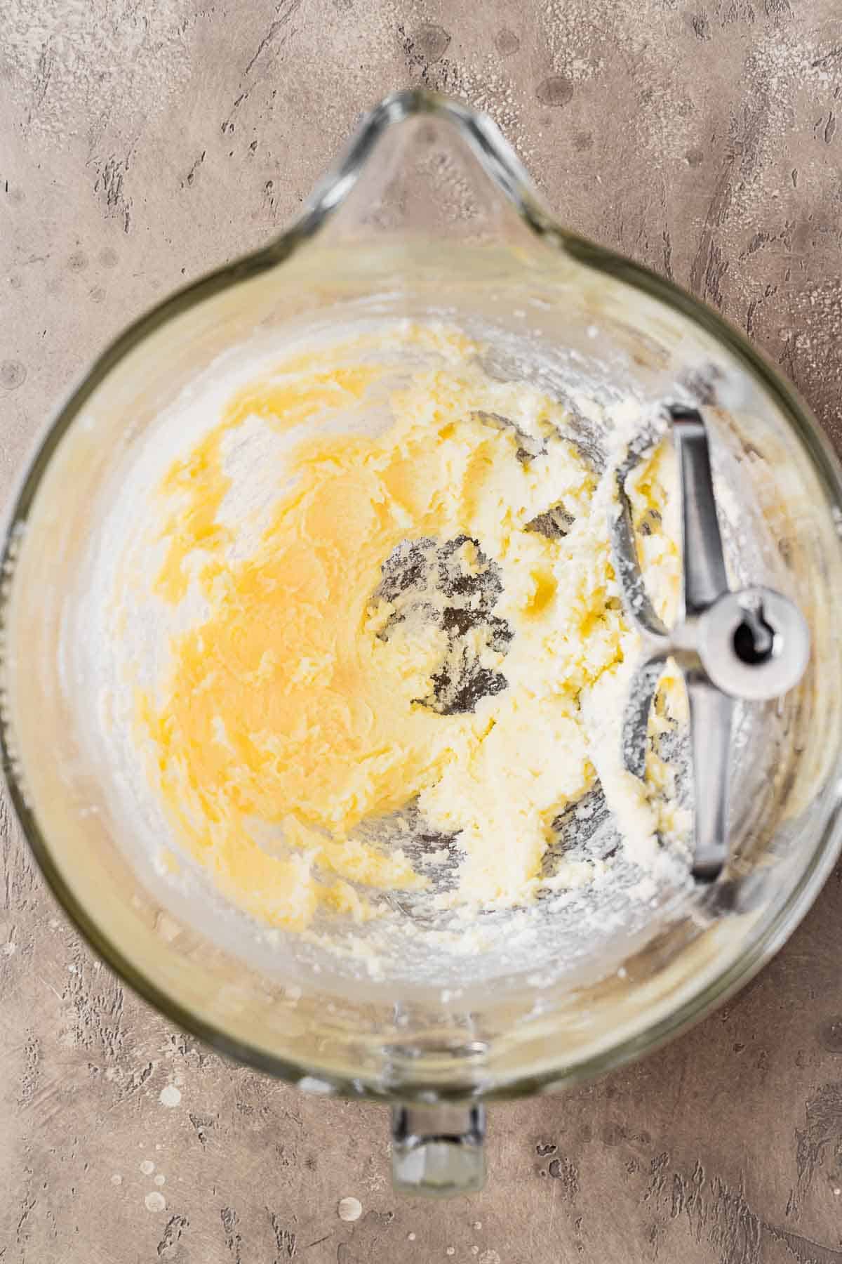 Creamed sugar and butter in a mixing bowl.