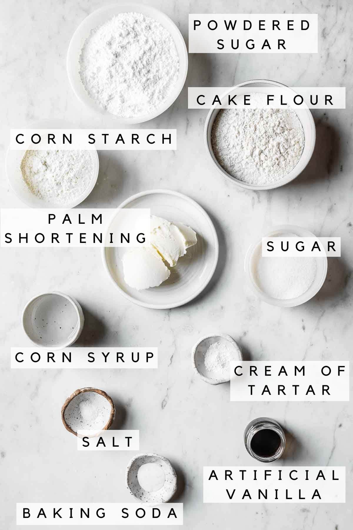 Labeled ingredients in bowls.