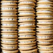 Three rows of vanilla sandwich cookies stuffed with vanilla creme.