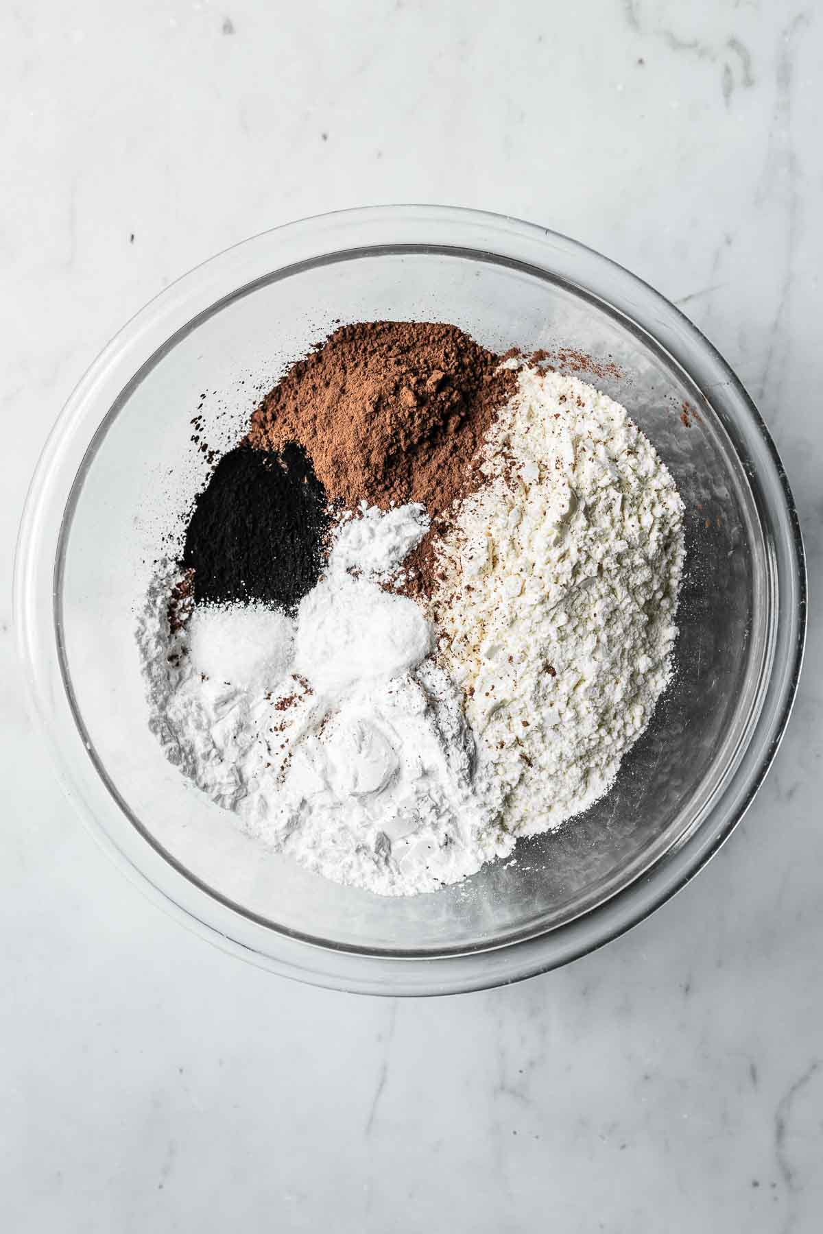 Dry ingredients for homemade oreo cookies.