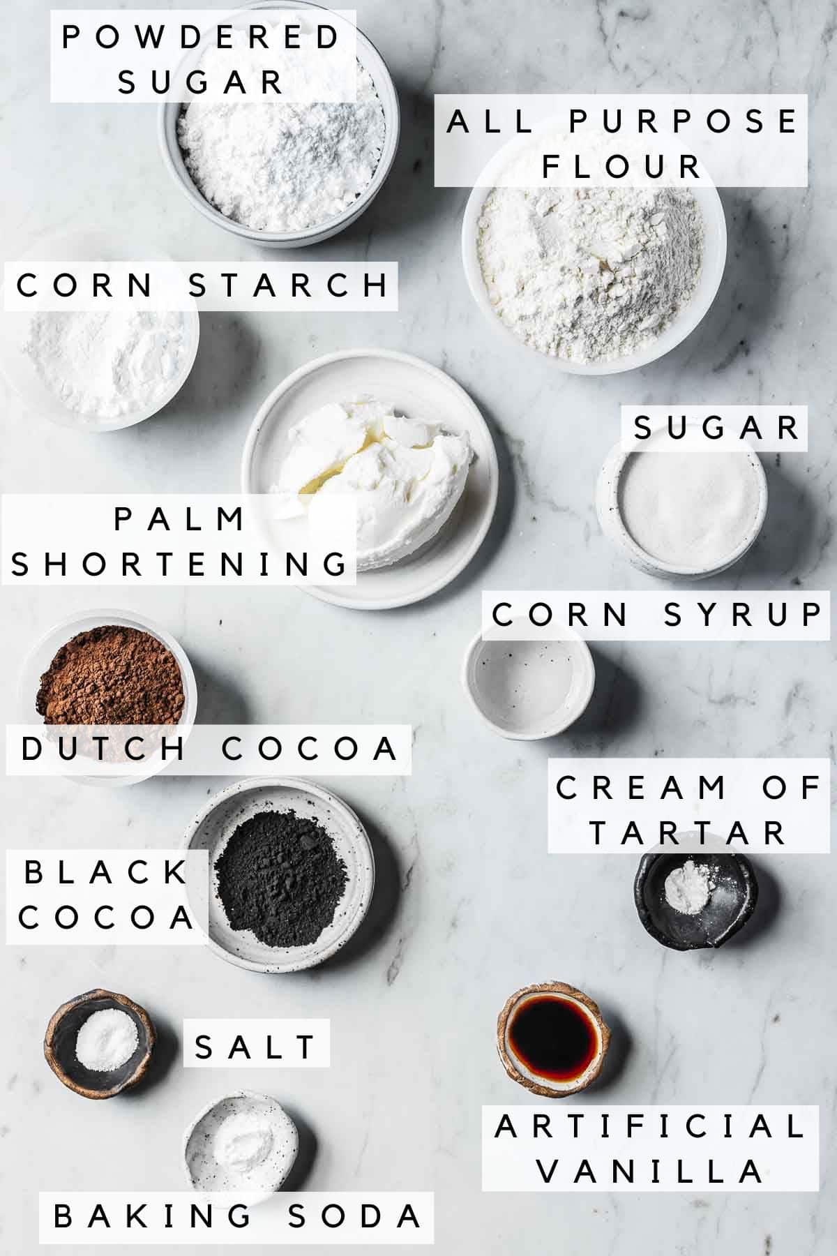 Ingredients in bowls for an Oreo cookie recipe.