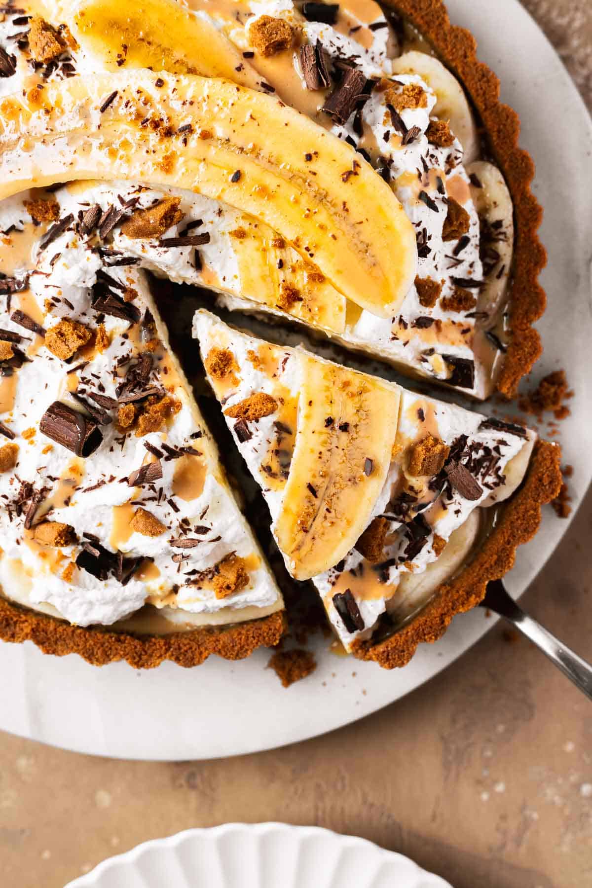 A slice of dulce de leche banana tart.