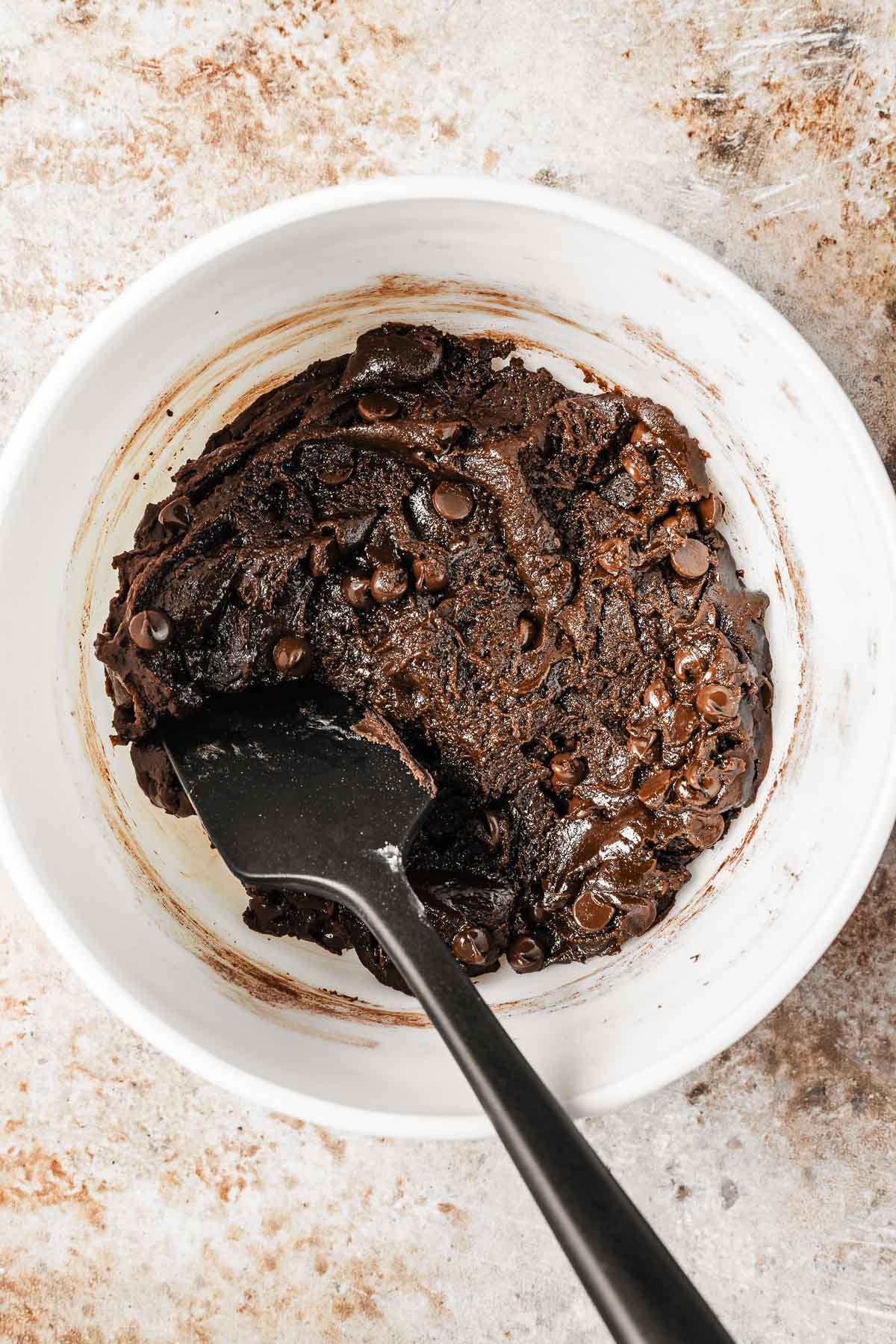 Finished batter for double chocolate chip cookie bars.