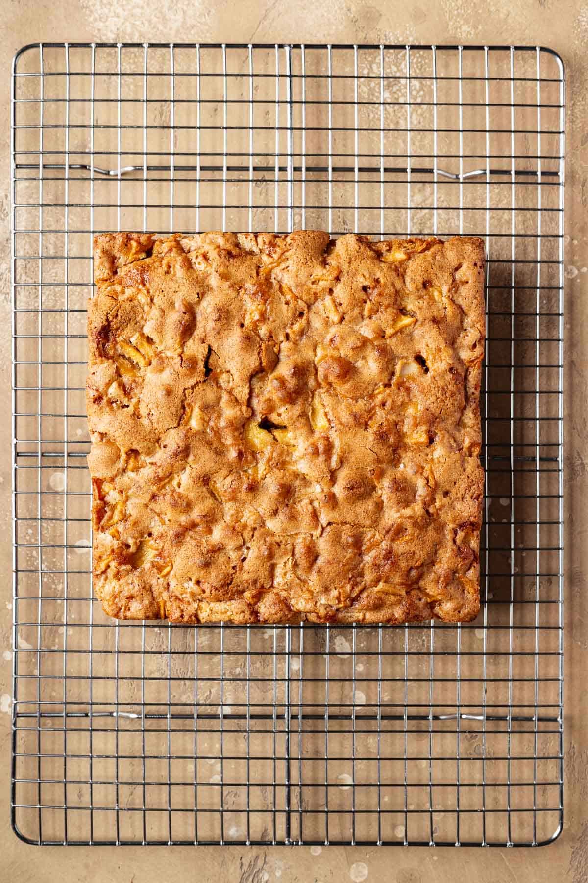 Baked apple cake on a metal cooling rack.