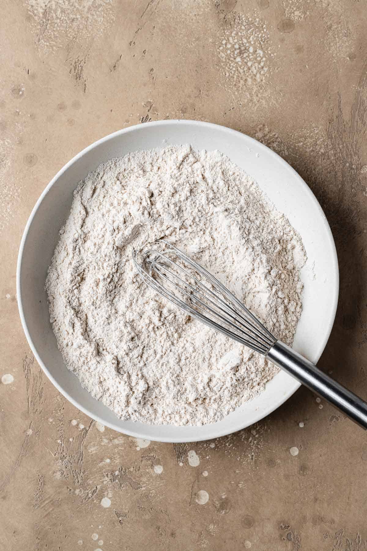 Whisked dry ingredients for apple cake recipe.
