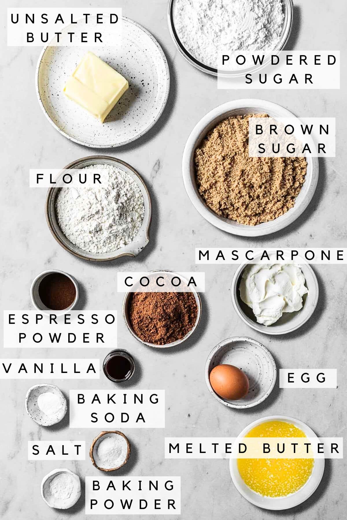 Labeled ingredient bowls for chocolate coffee mascarpone sandwich cookies.