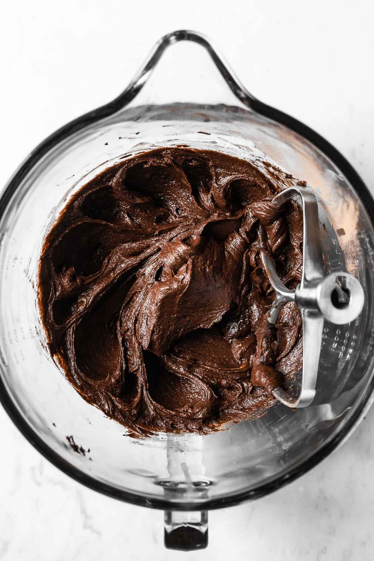 Mascarpone stirred into the wet ingredients for chocolate cookie dough.