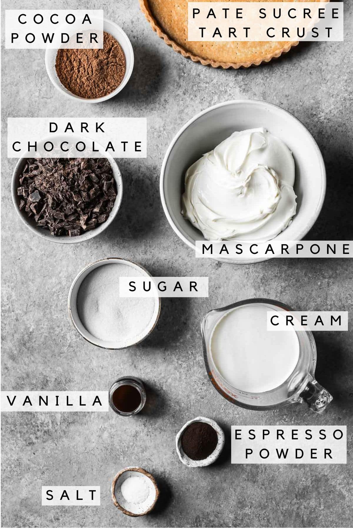 Labeled ingredients in bowls for a chocolate coffee mascarpone tart.
