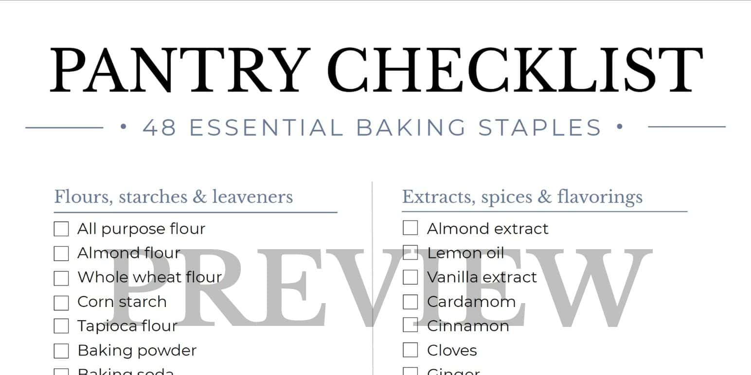 Preview image of pantry checklist of 48 essential baking staples.