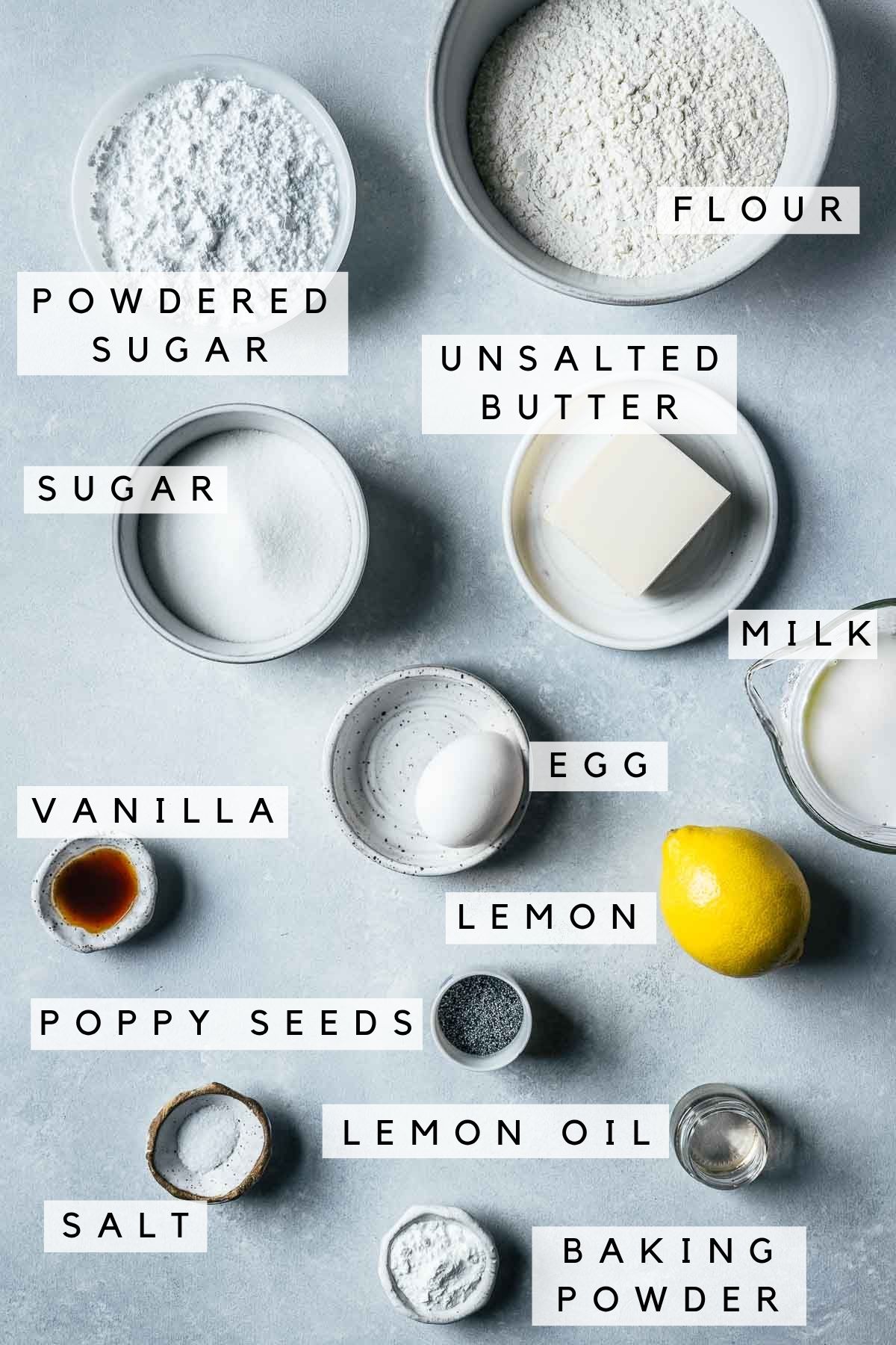 Labeled ingredients for lemon poppy seed muffins.
