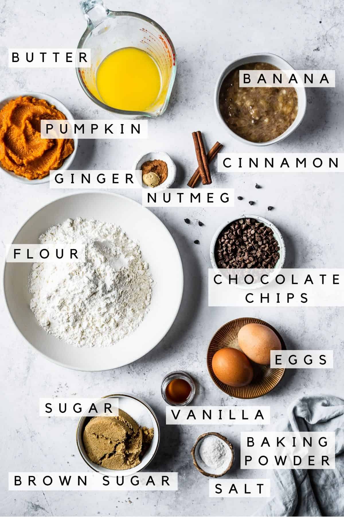 Labeled ingredients in bowls.