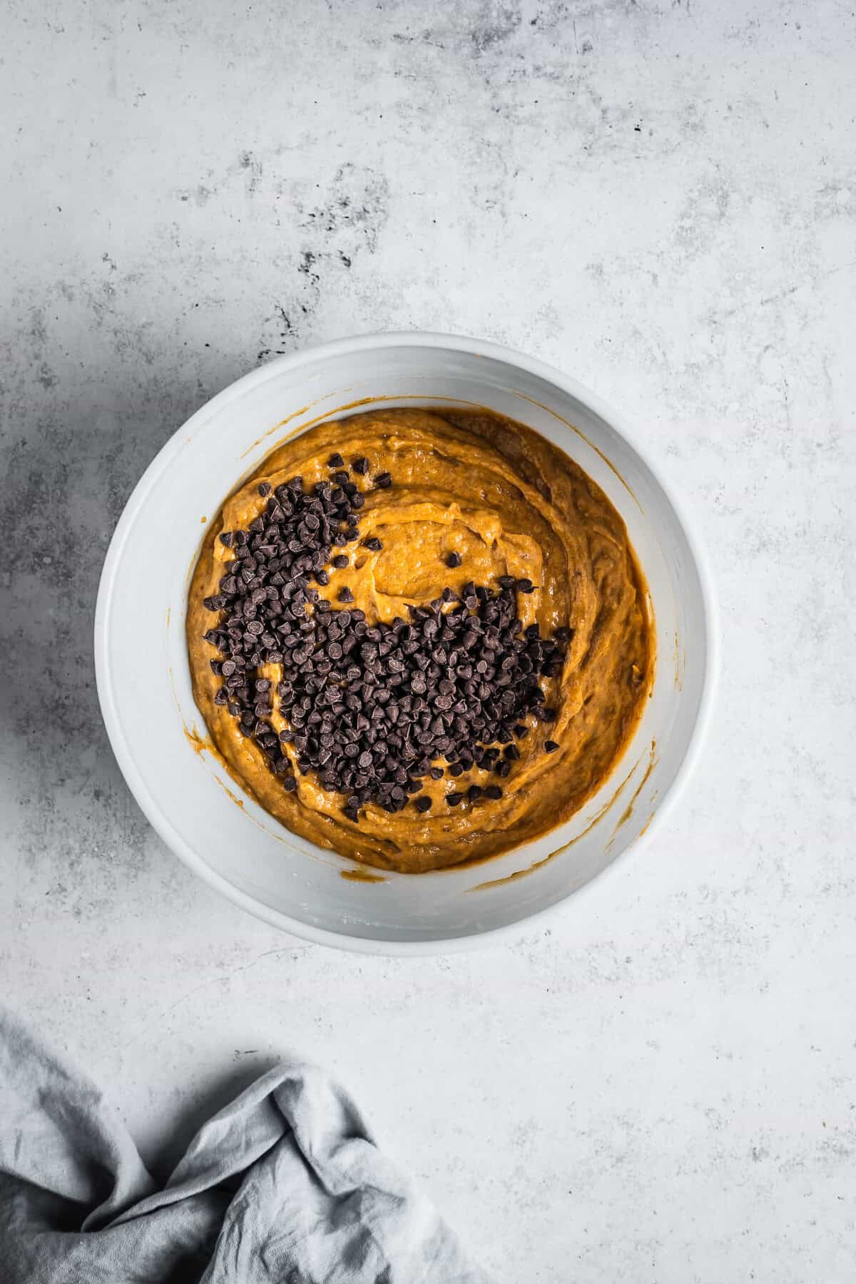 Mini chocolate chips added to muffin batter in a white glass mixing bowl.