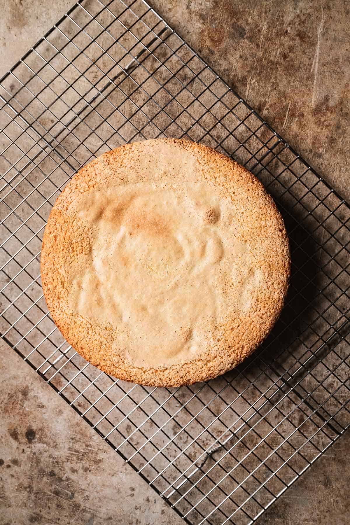 A golden brown baked cake cooling on a metal rack.