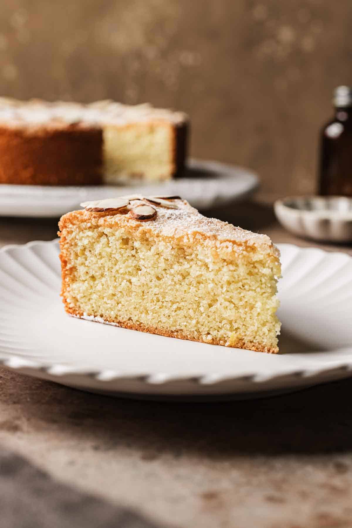A slice of cake dusted with powdered sugar and slivered almonds on a white plate.