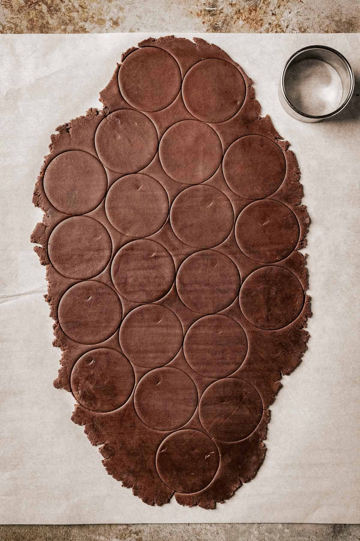 Chocolate cookie dough rolled on parchment paper and cut into circles.